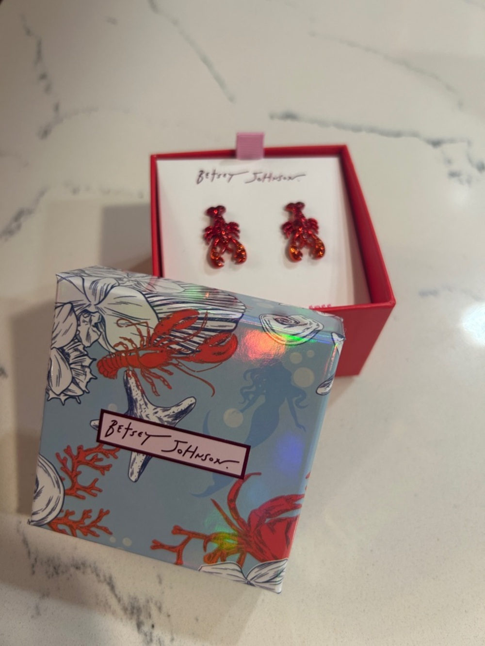 New Betsey Johnson Red and Orange Crystal Lobster Earrings